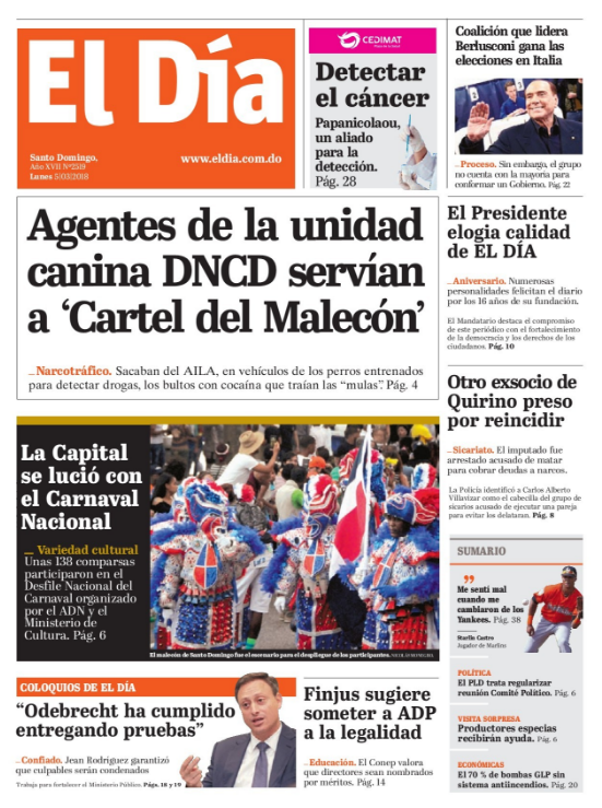 Portada Periódico El Día, Lunes 05 de Marzo 2018