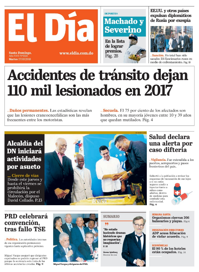 Portada Periódico El Día, Martes 27 de Marzo 2018