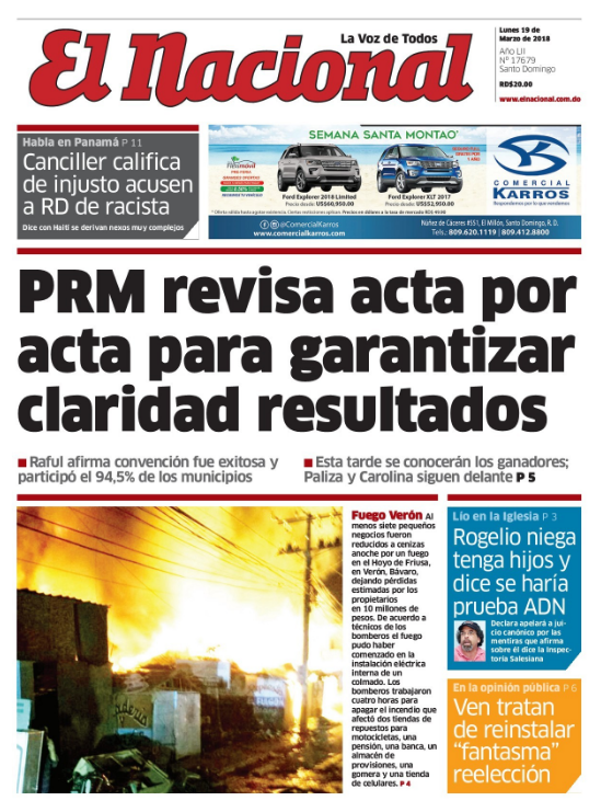 Portada Periódico El Nacional, Lunes 19 de Marzo 2018