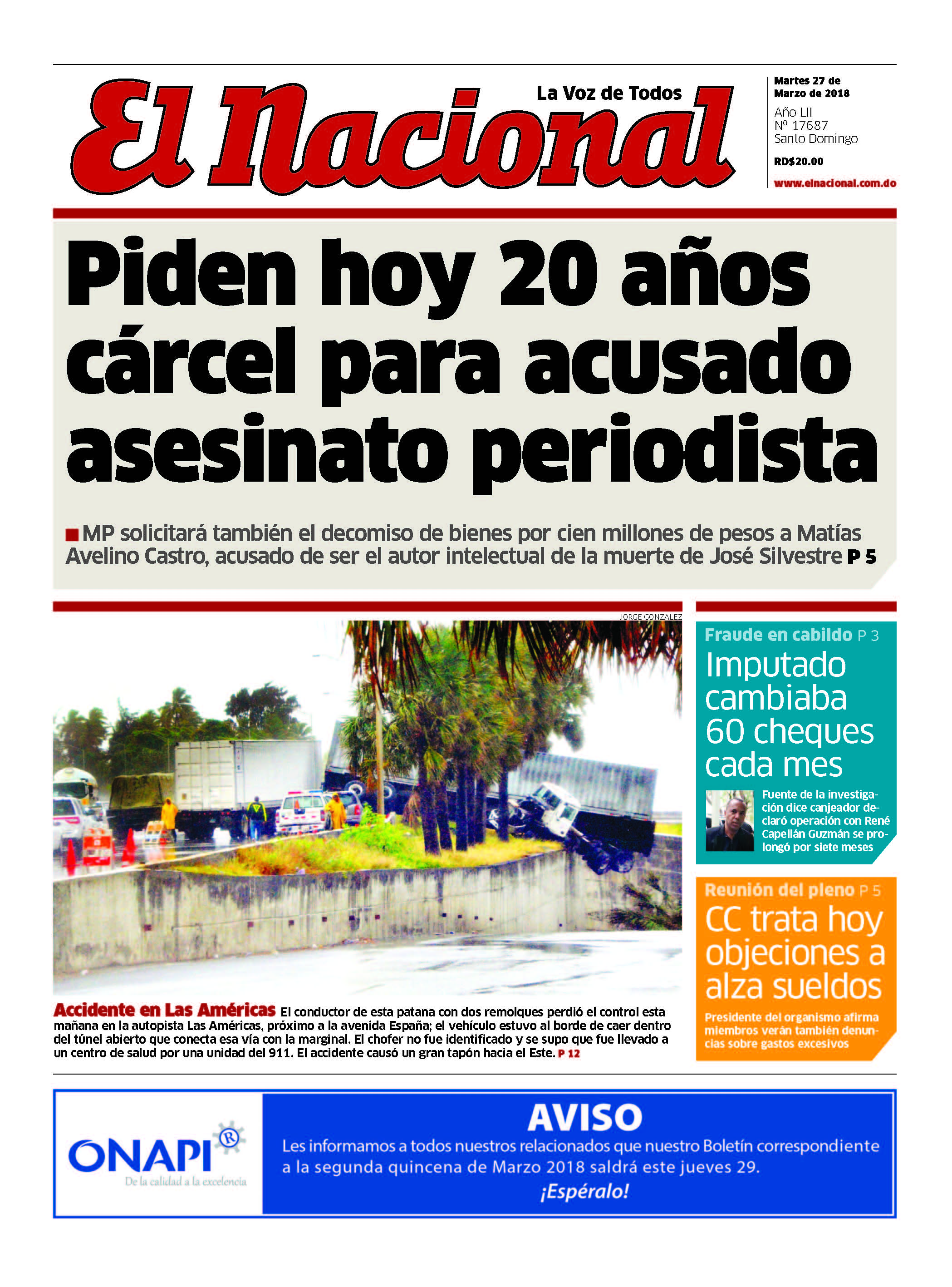 Portada Periódico El Nacional, Martes 27 de Marzo 2018