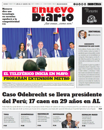 Portada Periódico El Nuevo Diario, Jueves 22 de Marzo 2018