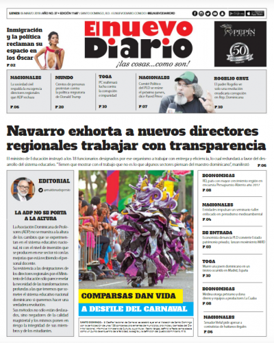 Portada Periódico El Nuevo Diario, Lunes 05 de Marzo 2018