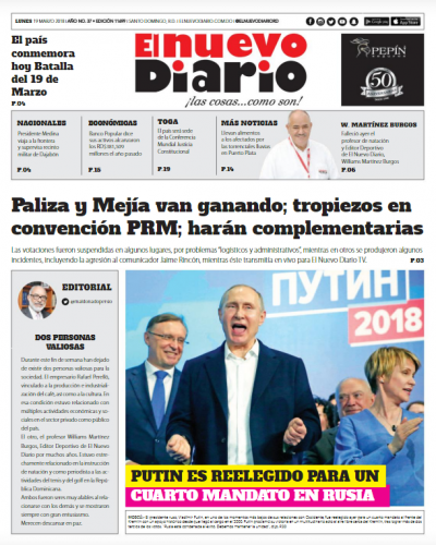 Portada Periódico El Nuevo Diario, Lunes 19 de Marzo 2018