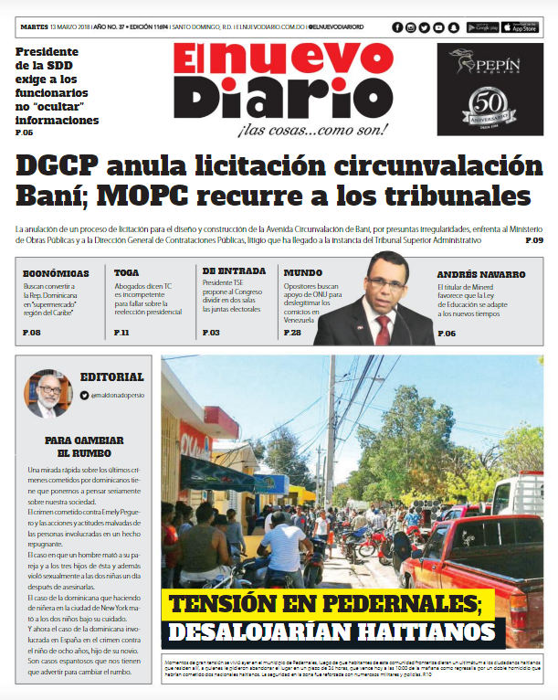 Portada Periódico El Nuevo Diario, Martes 13 de Marzo 2018