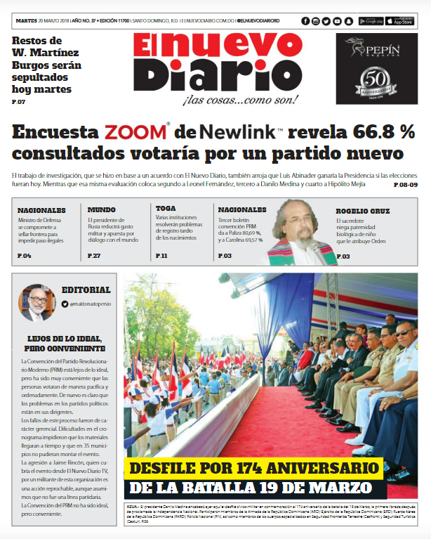 Portada Periódico El Nuevo Diario, Martes 20 de Marzo 2018