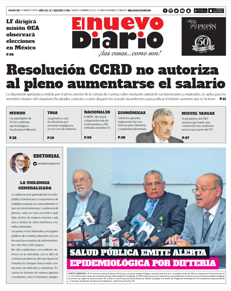 Portada Periódico El Nuevo Diario, Martes 27 de Marzo 2018