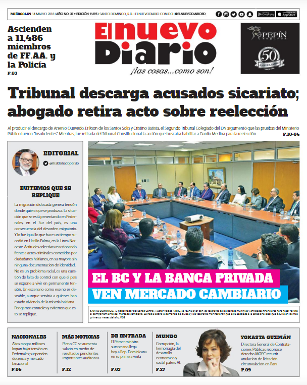 Portada Periódico El Nuevo Diario, Miércoles 14 de Marzo 2018