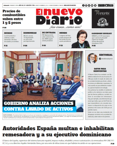 Portada Periódico El Nuevo Diario, Sábado 24 de Marzo 2018
