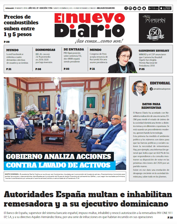Portada Periódico El Nuevo Diario, Sábado 24 de Marzo 2018