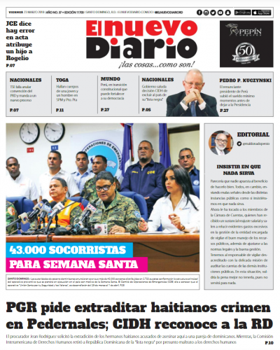 Portada Periódico El Nuevo Diario, Viernes 23 de Marzo 2018
