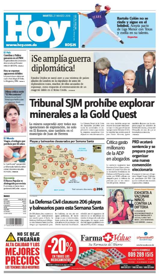 Portada Periódico Hoy, Martes 27 de Marzo 2018