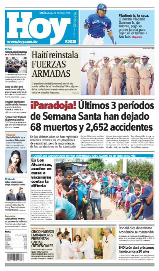 Portada Periódico Hoy, Miércoles 28 de Marzo 2018