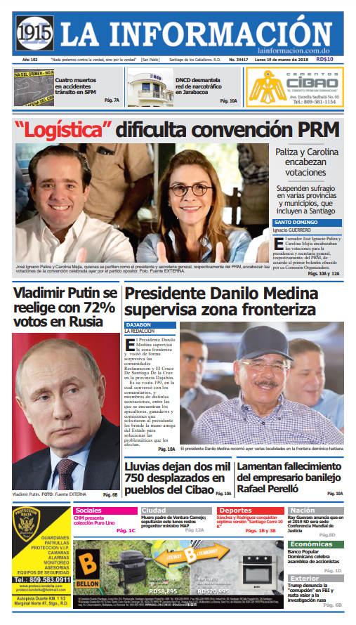 Portada Periódico La Información, Lunes 19 de Marzo 2018