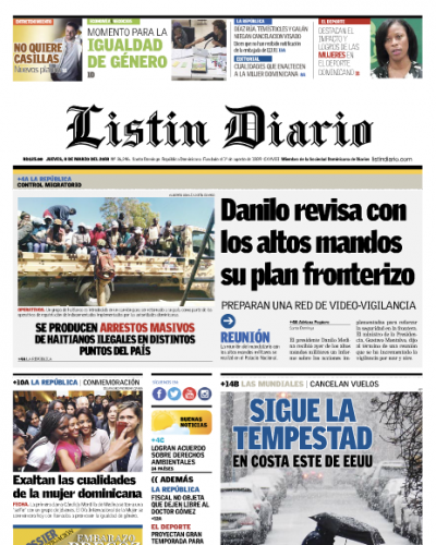 Portada Periódico Listín Diario, Jueves 08 de Marzo 2018