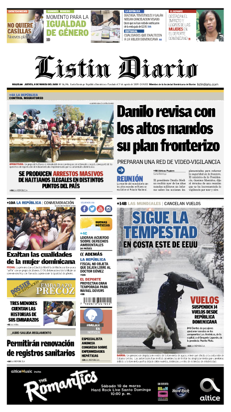 Portada Periódico Listín Diario, Jueves 08 de Marzo 2018