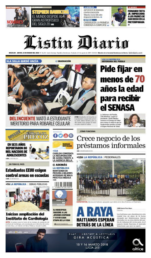 Portada Periódico Listín Diario, Jueves 15 de Marzo 2018