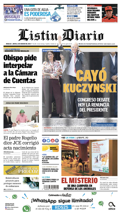 Portada Periódico Listín Diario, Jueves 22 de Marzo 2018