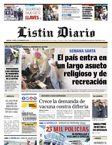Portada Periódico Listín Diario, Jueves 29 de Marzo 2017