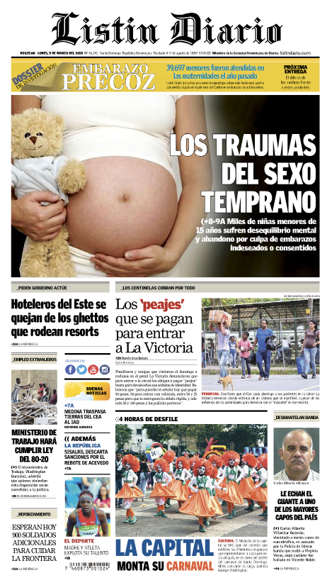 Portada Periódico Listín Diario, Lunes 05 de Marzo 2018