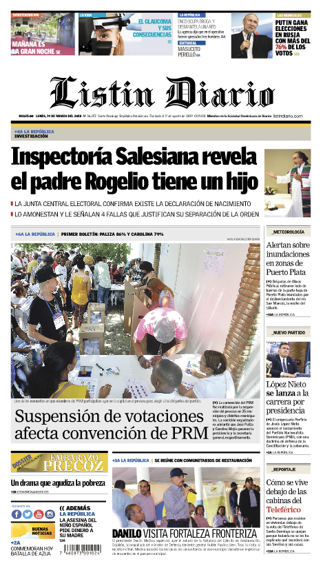 Portada Periódico Listín Diario, Lunes 19 de Marzo 2018