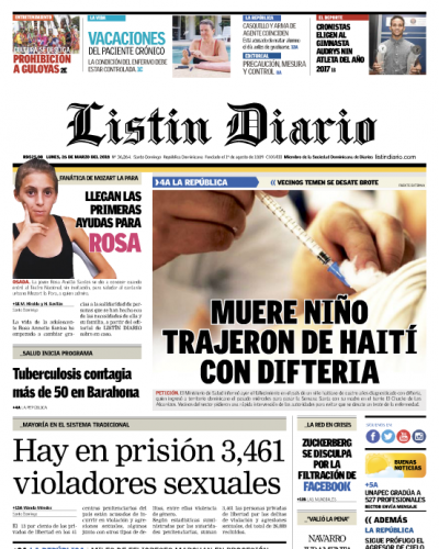 Portada Periódico Listín Diario, Lunes 26 de Marzo 2018