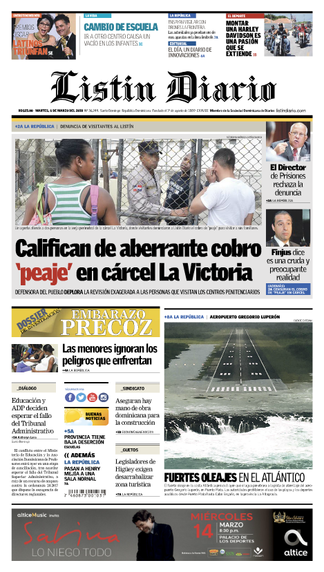 Portada Periódico Listín Diario, Martes 06 de Marzo 2018