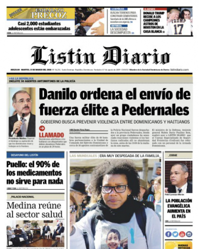 Portada Periódico Listín Diario, Martes 13 de Marzo 2018