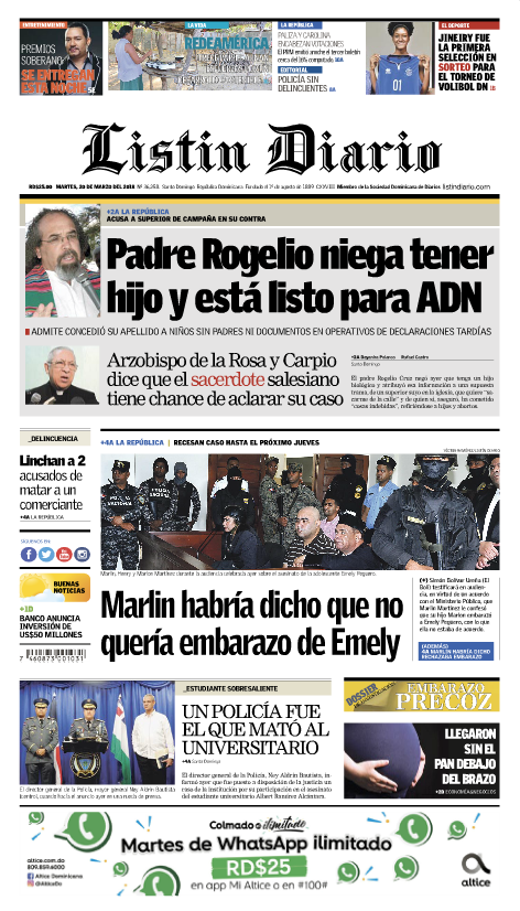 Portada Periódico Listín Diario, Martes 20 de Marzo 2018