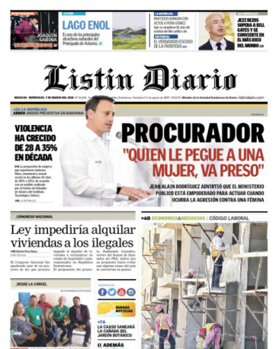 Portada Periódico Listín Diario, Miércoles 07 de Marzo 2018