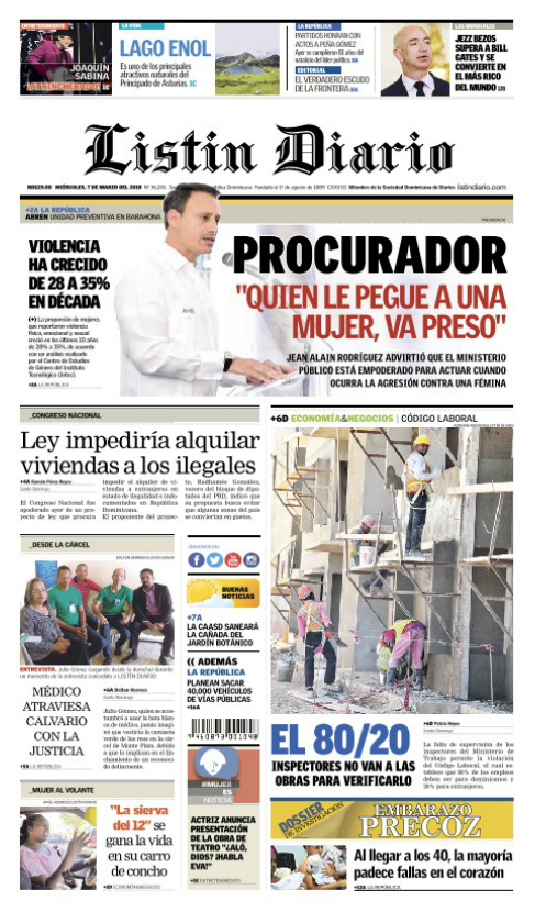 Portada Periódico Listín Diario, Miércoles 07 de Marzo 2018