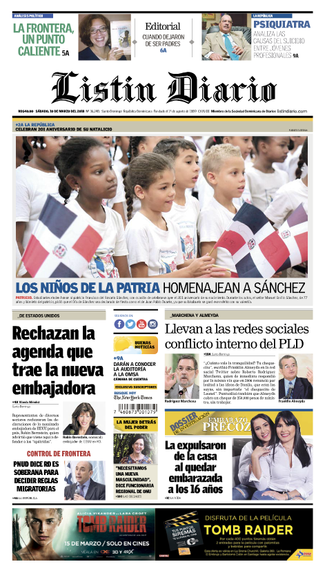 Portada Periódico Listín Diario, Sábado 10 de Marzo 2018