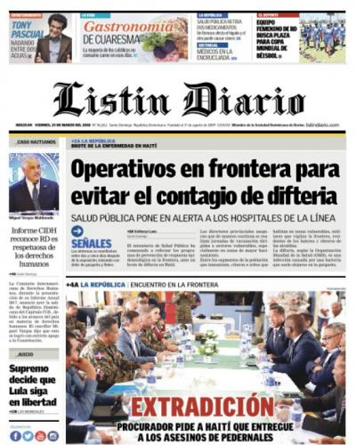 Portada Periódico Listín Diario, Viernes 23 de Marzo 2018
