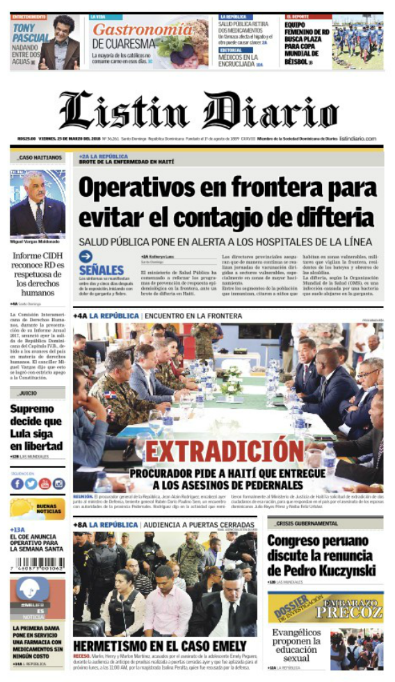 Portada Periódico Listín Diario, Viernes 23 de Marzo 2018