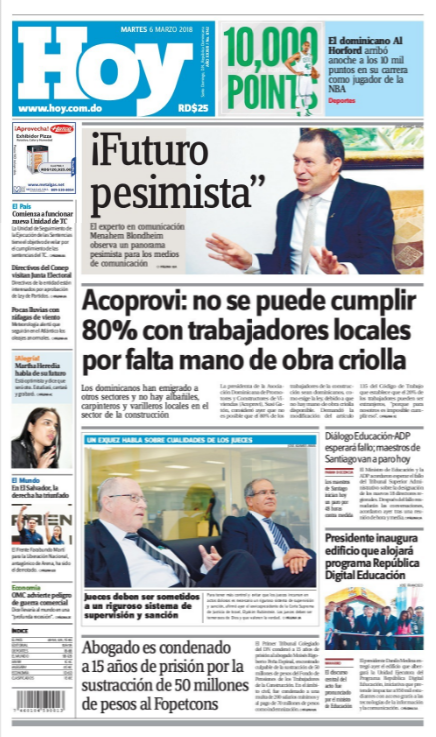 Portada Periódico Periódico Hoy, Martes 06 de Marzo 2018