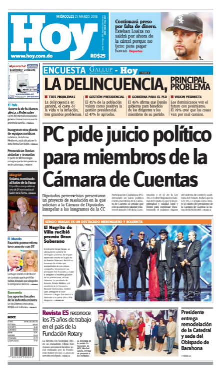 Portada Periódico Periódico Hoy, Miércoles 21 de Marzo 2018