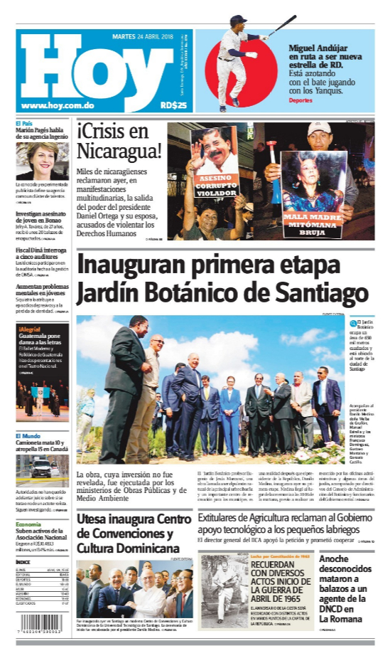 Portada Periódico Hoy, Martes 24 de Abril 2018 - Dominicana.do