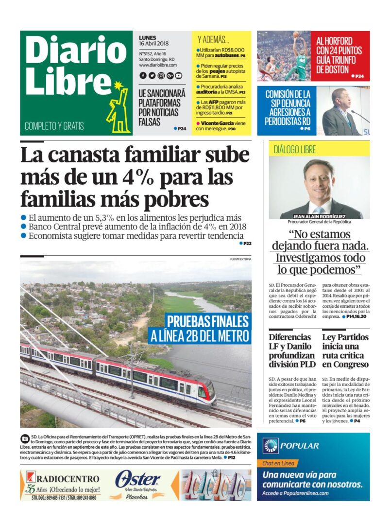 Portada Periódico Diario Libre, Lunes 16 de Abril 2018