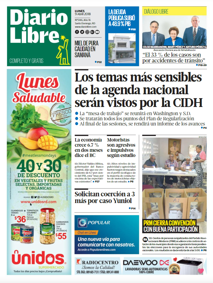 Portada Periódico Diario Libre, Martes 10 de Abril 2018