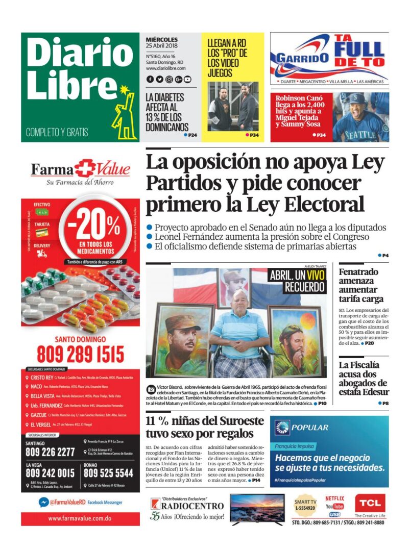 Portada Periódico Diario Libre, Miércoles 25 de Abril 2018