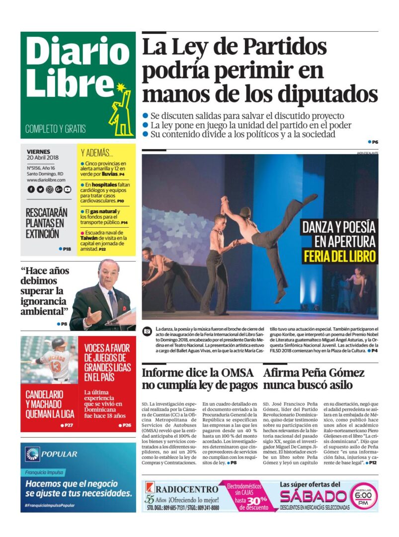 Portada Periódico Diario Libre, Viernes 20 de Abril 2018