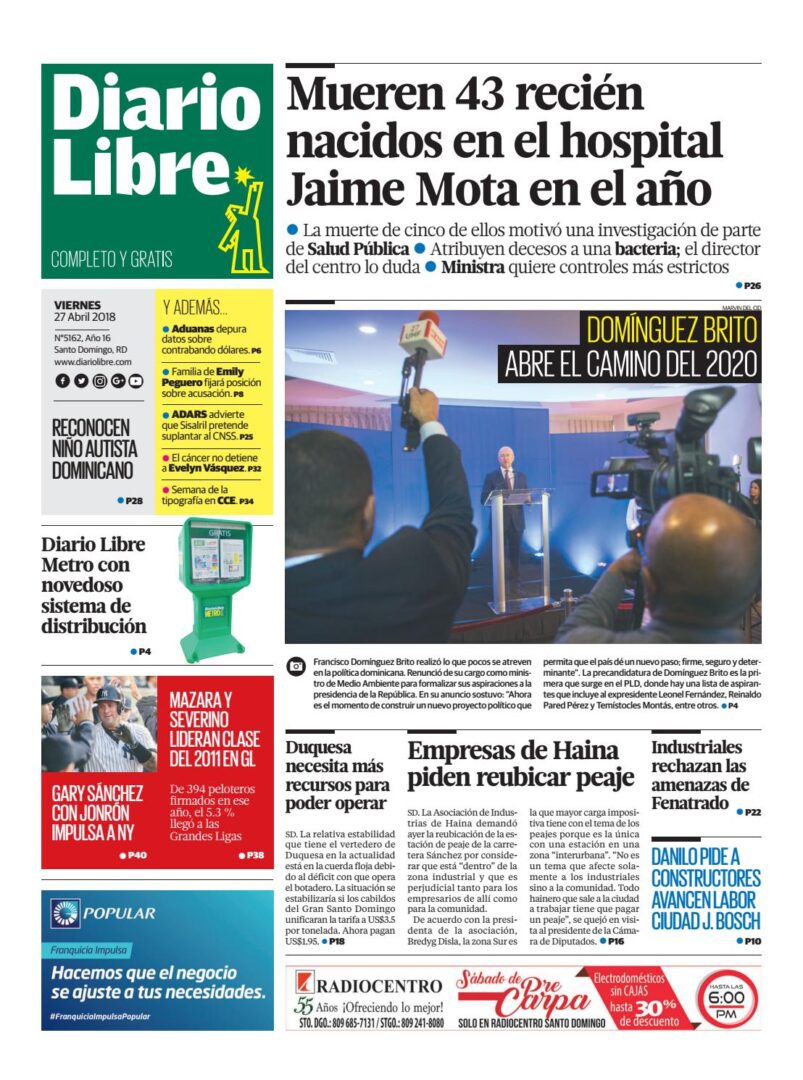 Portada Periódico Diario Libre, Viernes 27 de Abril 2018