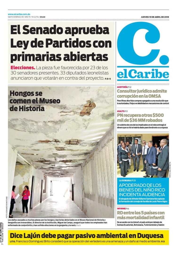 Portada Periódico El Caribe, Jueves 19 de Abril 2018
