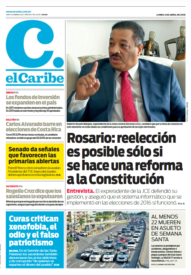 Portada Periódico El Caribe, Lunes 02 de Abril 2018