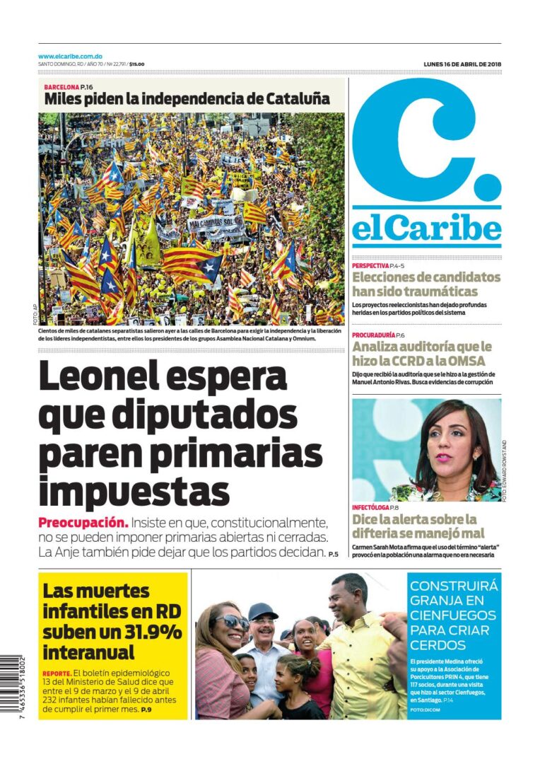 Portada Periódico El Caribe, Lunes 16 de Abril 2018