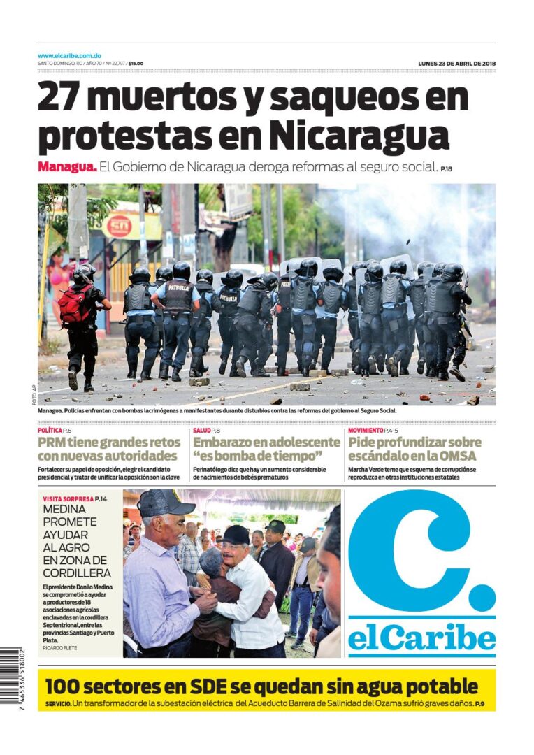 Portada Periódico El Caribe, Lunes 23 de Abril 2018