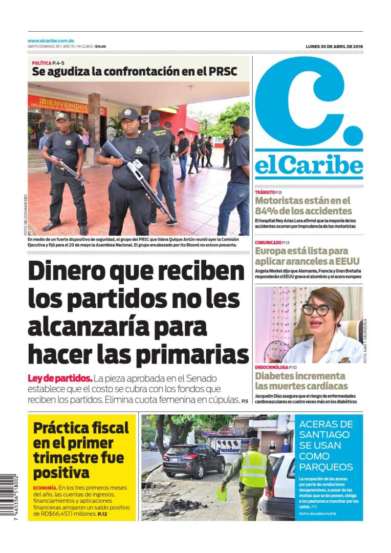 Portada Periódico El Caribe, Lunes 30 de Abril 2018