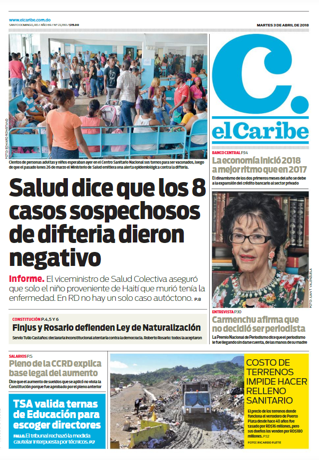 Portada Periódico El Caribe, Martes 03 de Abril 2018