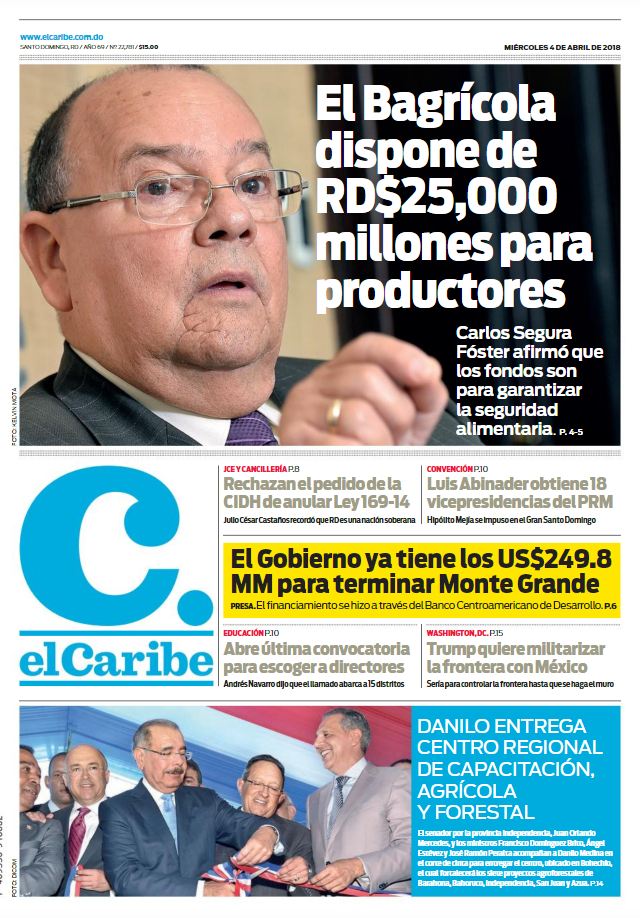 Portada Periódico El Caribe, Miércoles 04 de Abril 2018