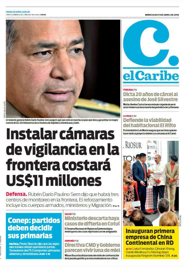 Portada Periódico El Caribe, Miércoles 11 de Abril 2018
