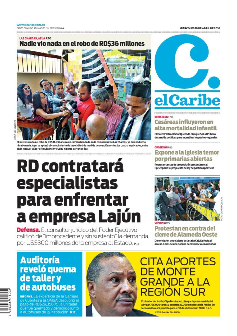Portada Periódico El Caribe, Miércoles 18 de Abril 2018